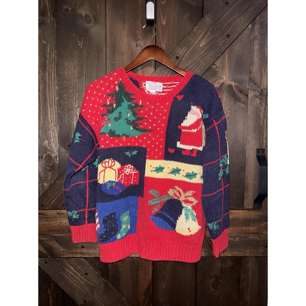 VTG Dean's of Scotland Patchwork Sweater Medium Ugly Christmas Heavy‎ Knit